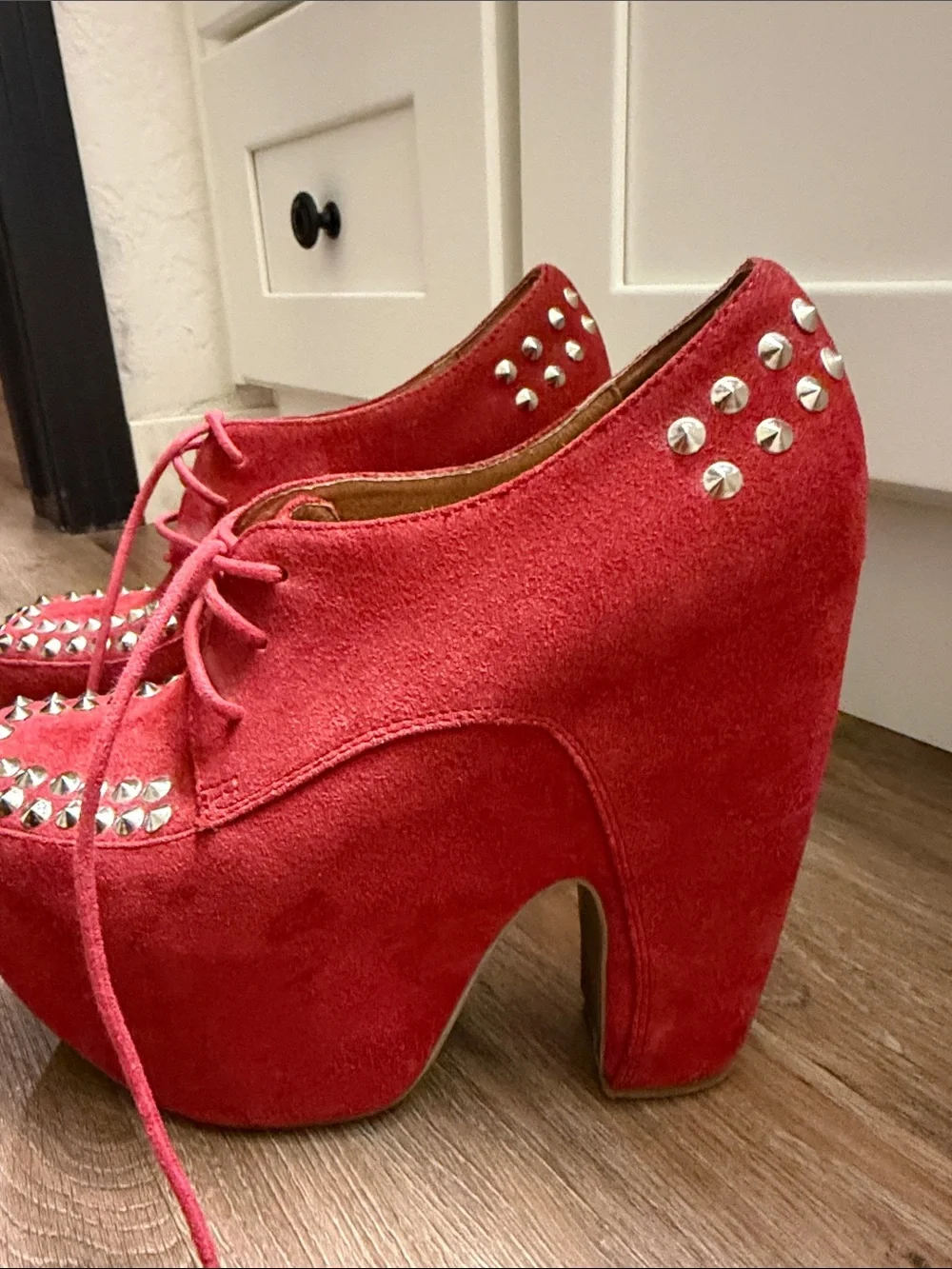 Jeffrey Campbell Red Studded Suede Platform Lace-Up Heels